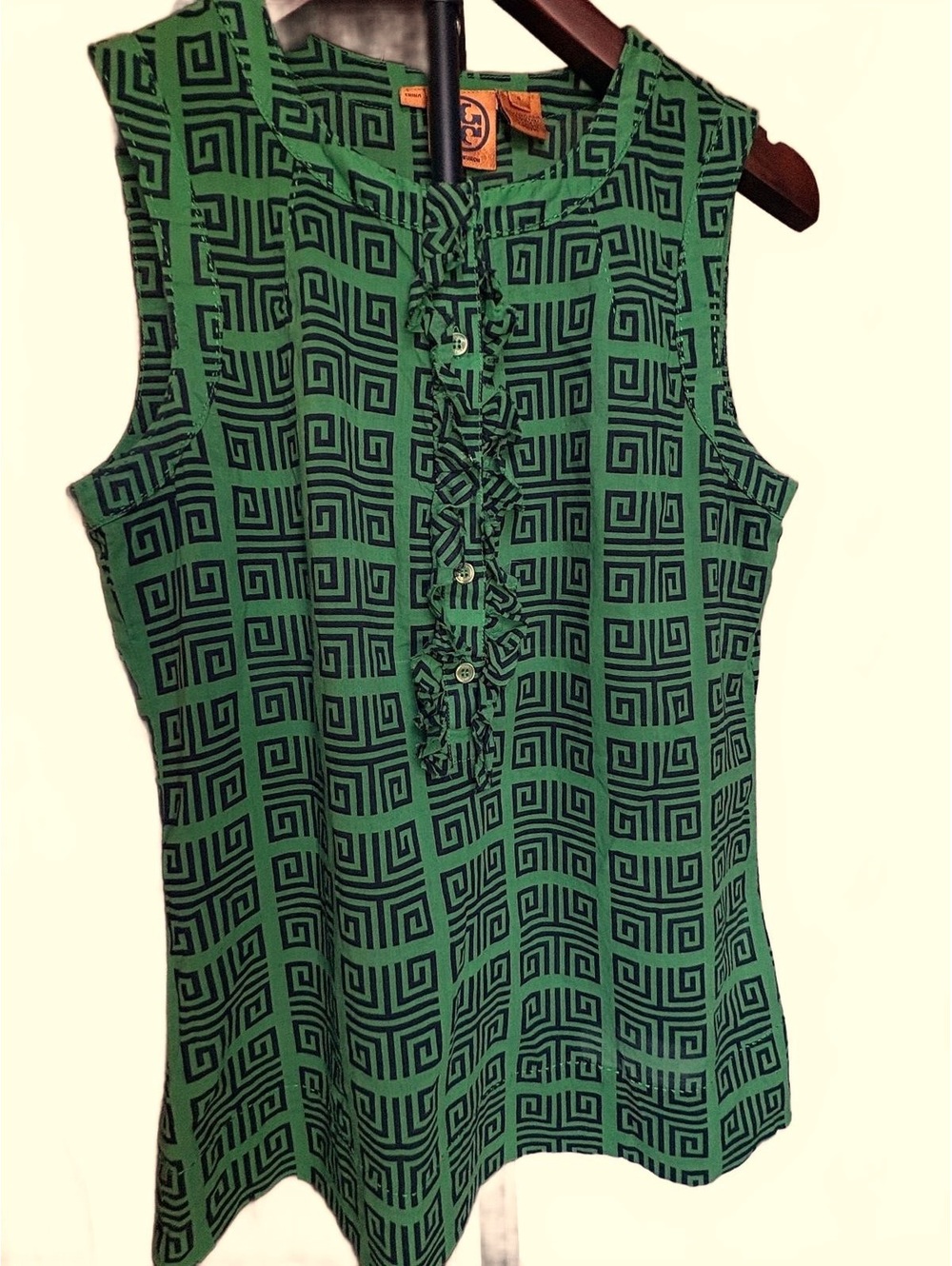 Tory Burch sleeveless cotton top Kelly green and navy geometric design 6